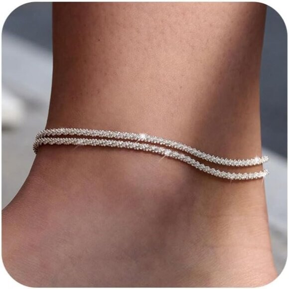 Jewelry - Women Silver Dainty Layered Waterproof Stackable Figaro Beaded Anklets